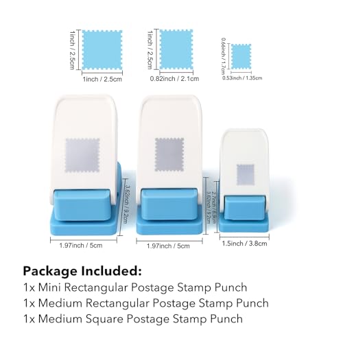 3 Pcs Stamp Punch, 1x0.8inch Medium Stamps Shaped Punch, 1 Inch Square Stamps Hole Puncher, 0.6x0.5 Inch Mini Rectangle Stamp Cutter, Lever Craft Paper Punches for Crafting Diy Scrapbooking Journaling - color: 1x0.8inch+1x1inch+0.6x0.5inch Stamp Punch