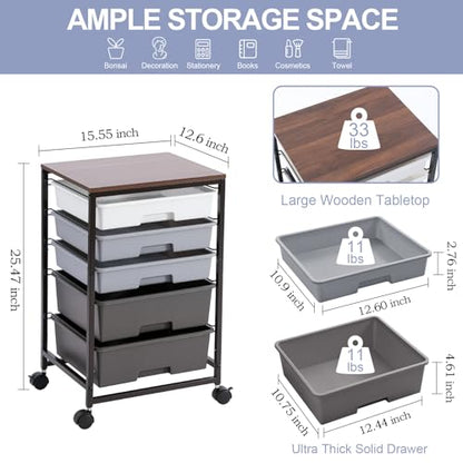 SYKIARIOL Utility Cart with Drawers,5 Drawers Storage Cart,Dark Grey - color: Dark Grey