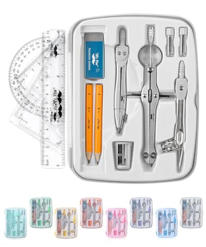 Mr. Pen- Geometry Set, 13 pcs, 3 Metal Compasses, Protractor, 6" Ruler | 45° & 30°/60° Set Squares, Pencils, Lead Refills, Sharpener & Eraser for Math, Drafting & Classroom Use - color: Grey