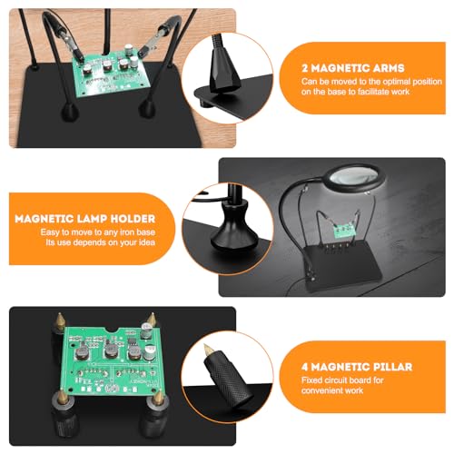 XYK Magnetic Helping Hands Soldering Station with 3X Magnifying Glass and Light, 4 Flexible Helping Arms and Third Hand Tool for Electronic Repair, Jewelry Crafts - size: Large