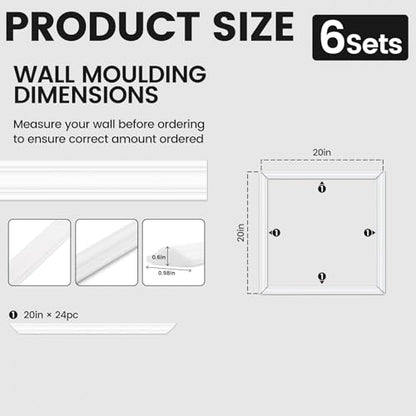 6 Sets Peel and Stick Wall Molding Kit, 20x20 Inch Premade Wainscoting Frames - color: 20''x20''-6pack