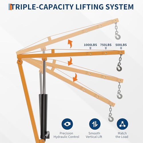GarveeTech Heavy Duty 1000 Lbs Truck Crane, Hydraulic Hitch Mounted Hoist with 360 Degree Swivel Boom, Adjustable 3-Position Load Capacity for Farm, Construction & Engine Lifting - color: Yellow