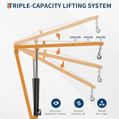 GarveeTech Heavy Duty 1000 Lbs Truck Crane, Hydraulic Hitch Mounted Hoist with 360 Degree Swivel Boom, Adjustable 3-Position Load Capacity for Farm, Construction & Engine Lifting - color: Yellow