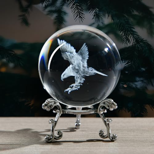 3D Engraved Eagle Crystal Ball with Stand Laser Etched Glass Eagle Figurine Carving Crystal Sphere Paperweight(2.4 in) - color: Clear_eagle