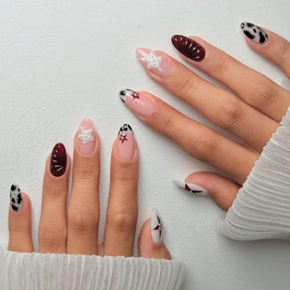 Almond Press on Nails Medium Nude Fake NailLeopard Acrylic Nail Press ons Star Stick on Nails for Women 24pcs - color: Color07