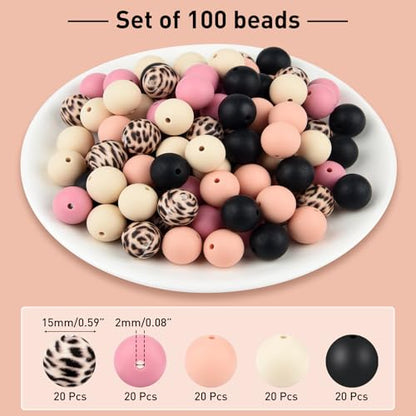 ASTARON 100 Pcs 15mm Dusy Pink Black Silicone Beads for Keychain Making - color: Pink Black