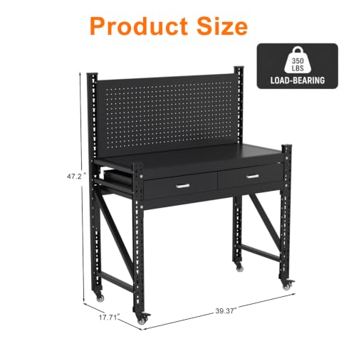 Rolling Steel Workbench with Pegboard and 2 Drawers, 2 Pack - size: 47.2"H x 49.4"W x 17.7"D