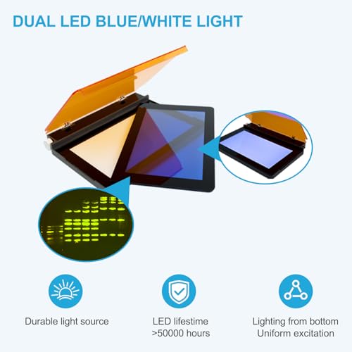 Lab Dual LED Blue and White Transilluminator 470nm with Switch Light Source,Multi-Angle Filter Rotatable Funtion,Adjustable Light Intensity,Bottom Lighting,Include a Fold-able Darkroom - size: Blue and White Transilluminator