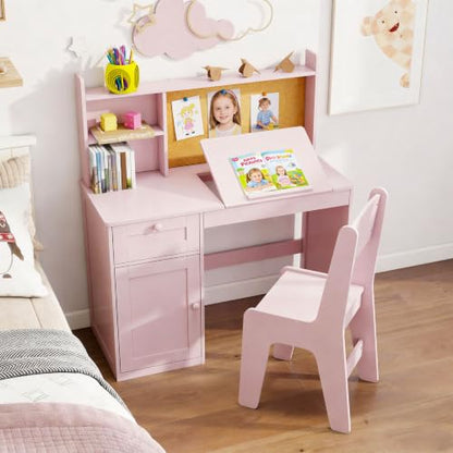 FTZxHKLX Kids Study Desk and Chair Set with 0-105° Tiltable Desktop, Pink - color: Pink, size: with Lift Up Hinge