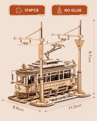 ROKR 3D Wooden Puzzles Model Car Kits for Adults to Build - Wooden Toy Tram Train Set with Railway - Wood 3D Puzzles for Adults - Gift Idea for Christmas Father's Day Birthday