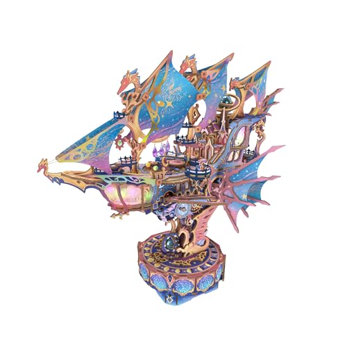 Tonecheer 3D Wooden Puzzle Airship Model Kit, DIY Transmission Model Fantasy Ship Spaceship with Music, Movable Building Kit Starlight Craft Mechanical Decor Idea Gift for Adults - Magical Galaxy - style: Magical Galaxy