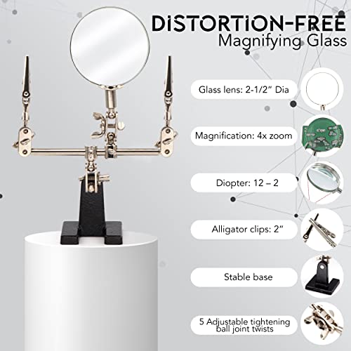Ram-Pro Helping Hands Magnifier Glass Stand with Alligator Clips – 4X Magnifying Lens, Perfect for Soldering, Crafting & Inspecting Micro Objects - size: 4X Magnification - Without LED Light