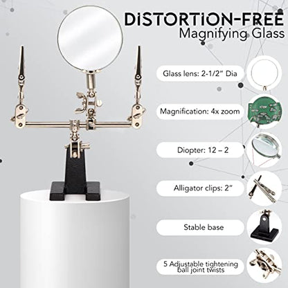 Ram-Pro Helping Hands Magnifier Glass Stand with Alligator Clips – 4X Magnifying Lens, Perfect for Soldering, Crafting & Inspecting Micro Objects - size: 4X Magnification - Without LED Light