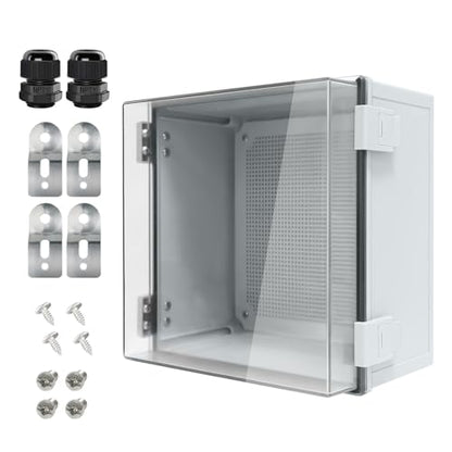 Junction Box IP65 Waterproof ABS Plastic Enclosure Hinged PC Clear Cover Electrical Project Box with Mounting Plate, Wall Brackets, Cable Glands 11.8" x 11.8" x 7.1" - color: Clear Cover, size: 11.8" x 11.8" x 7.1"