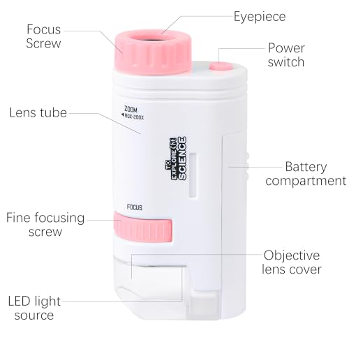 Microscope Pocket Handheld Miniscope 80X-200X Portable Microscope with LED Light for Learning Education Exploring (Pink)