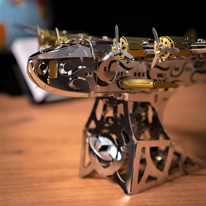 METAL-TIME SPLASHING DREAMER, 3D Metal Airplane Model Mechanical Building Kit, Unique Wind-Up Moving Mechanism, Stainless Steel DIY Construction with Toolbox - 124 Pieces.