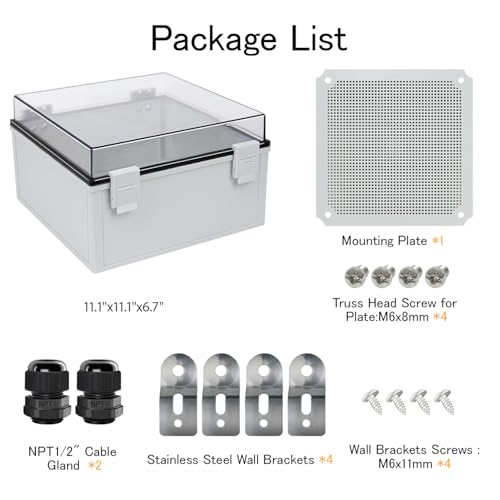 Junction Box IP65 Waterproof ABS Plastic Enclosure Hinged PC Clear Cover Electrical Project Box with Mounting Plate, Wall Brackets, Cable Glands 11.8" x 11.8" x 7.1" - color: Clear Cover, size: 11.8" x 11.8" x 7.1"