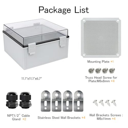 Junction Box IP65 Waterproof ABS Plastic Enclosure Hinged PC Clear Cover Electrical Project Box with Mounting Plate, Wall Brackets, Cable Glands 11.8" x 11.8" x 7.1" - color: Clear Cover, size: 11.8" x 11.8" x 7.1"