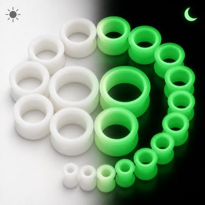 Oyaface 20 PCS Piercing Tunnel Set Soft/Hard Silicone Flesh Ear Plugs 2g-25mm Flexible Ear Stretching Gauge Expander - color: Glow in Dark
