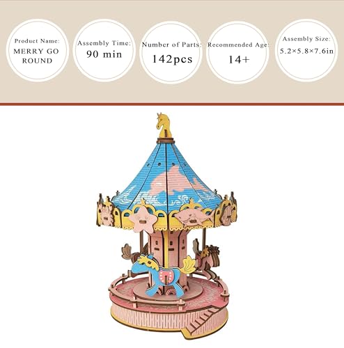 3D Wooden Carousel Puzzle, DIY Handcraft Merry‑Go‑Round Model Kit