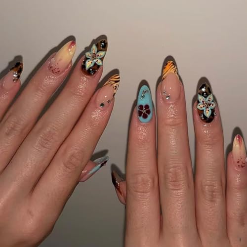 Almond Press on Nails Long Colorful Fake Nailwith 3D Flowers Designs Acrylic Nail Press ons Sparkly Rhinestones Stick on Nails for Women 24pcs - color: Color02