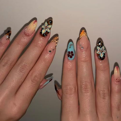 Almond Press on Nails Long Colorful Fake Nailwith 3D Flowers Designs Acrylic Nail Press ons Sparkly Rhinestones Stick on Nails for Women 24pcs - color: Color02
