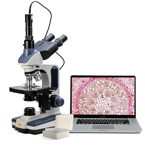 Swift SW350T Compound Trinocular Microscope,40X-2500X Magnification,Two-Layer Mechanical Stage,with 5.0 mp Camera and Software Windows/Mac Compatible and 5 PCS Prepared Slides and 5 PCS Blank Slides - style: SW350T-EC5R-5PBC