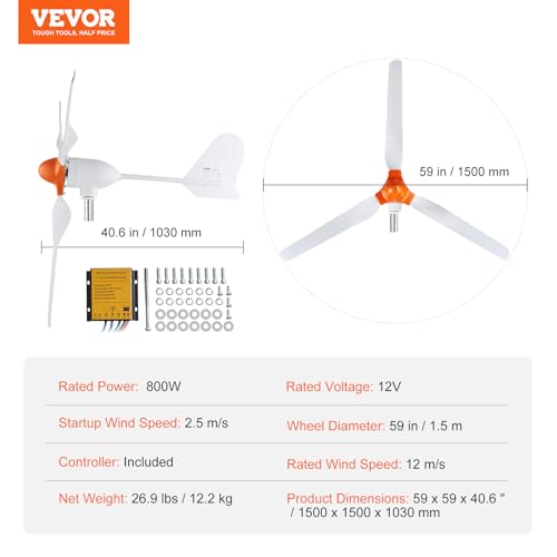 VEVOR 800W Wind Turbine Generator, 12V Wind-Turbine Kit, 3-Blade Power Generator with MPPT Controller & 2.5m/s Startup Speed, Suitable for Home, Farm, RVs, Boats (Tower Pole Not Included) - style: 12V 800W 3-Blade