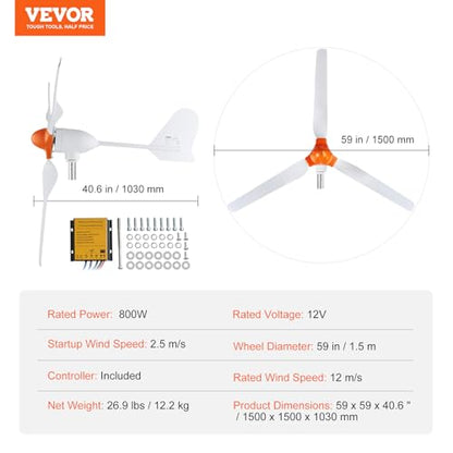 VEVOR 800W Wind Turbine Generator, 12V Wind-Turbine Kit, 3-Blade Power Generator with MPPT Controller & 2.5m/s Startup Speed, Suitable for Home, Farm, RVs, Boats (Tower Pole Not Included) - style: 12V 800W 3-Blade