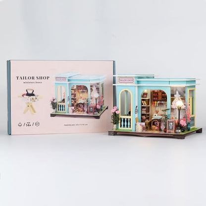 Tailor Shop DIY Miniature House Kit, Wooden Dollhouse with LED for Adults - style: Tailor Shop
