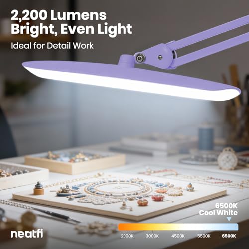 Neatfi XL 2200 Lumens 24W LED Desk Lamp – Shadow-Free Task Lighting | 4-Level Dimming | Home Office & Crafts Use | 20-Inch Wide Head (Lavender, Non-CCT with Clamp) - color: Lavender, size: Non-CCT with Clamp