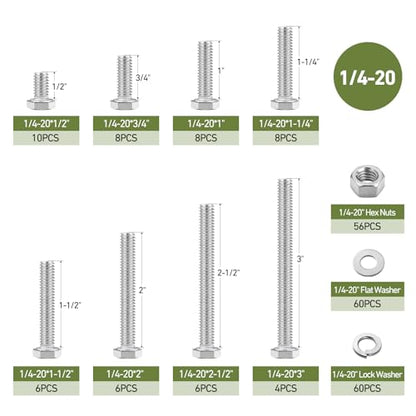 232PCS 1/4''-20 Hex Bolts and Nuts Assortment Kit,1/4-20 x 1/2'',3/4'',1'',1-1/2'',2'',2-1/2'',3'' SAE Stainless Steel Bolts Nuts and Washers Assorted Set - size: SS 1/4 232PCS Hex Bolt