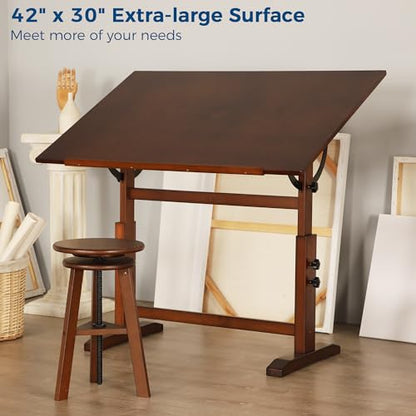 VISWIN Wood Drafting Table for Adults, 30" X 42" Extra-Large Drawing Table with Adjustable Height & Angle for Art Studio, Solid Pine Wood Artist Desk for Drawing, Drafting, Writing, Reading - color: Walnut