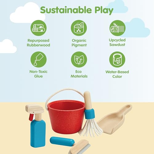 PlanToys® Cleaning Set | Montessori Wooden Housekeeping Play Set for Kids | Includes Broom, Mop, Dustpan, Bucket & Duster | Eco-Friendly Pretend Play Toy for Practical Life Skills & Responsibility - color: Cleaning Set