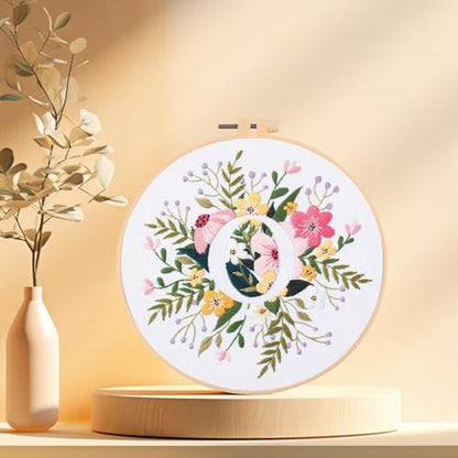 IUHUI Embroidery Kit for Beginners Adults - 26 Floral Letters Easy Patterns, DIY Hand Stitching Embroidery Set with Hoop (Flower and Grass Letter O) - color: Flower and Grass Letter O