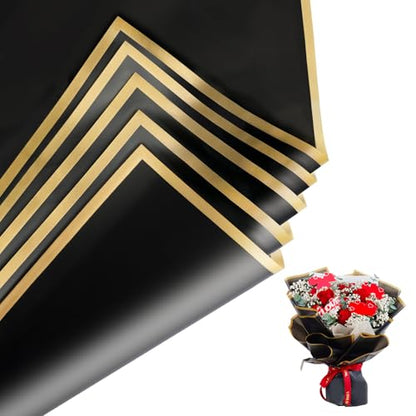 Duyasurs 20 Sheets Floral Wrapping Paper, Waterproof Bouquet Wrapping, 22.8x22.8IN, Florist Supplies Packaging Paper, DIY Gift Box, Wedding & Birthday Gifts, Gold Edge (Black) - color: Black Gold