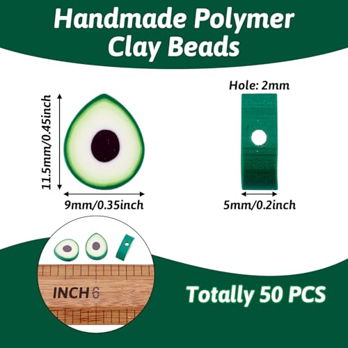 Elecrelive 50Pcs Avocado Polymer Clay Spacer Beads Green Fruit Clay Beads Food Slice Charms 11.5x9x5mm for Necklace Bracelets Earrings Key Chains Making - color: Green Avocado