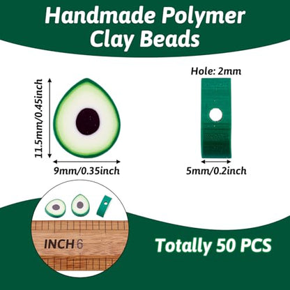 Elecrelive 50Pcs Avocado Polymer Clay Spacer Beads Green Fruit Clay Beads Food Slice Charms 11.5x9x5mm for Necklace Bracelets Earrings Key Chains Making - color: Green Avocado