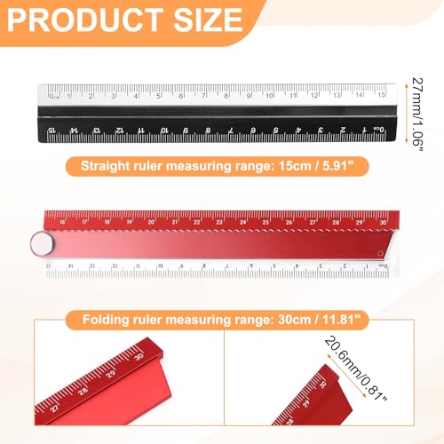 HARFINGTON Folding and Straight Ruler Kit 30/15cm Metric Aluminum Alloy Plastic Protractor Foldable Angle Rulers for Home Classroom Office, Red - color: Clear-Red