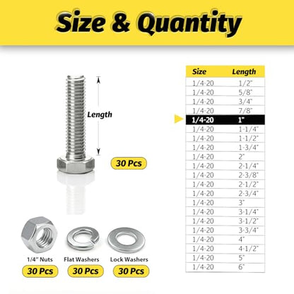 30 Sets 1/4-20 x 1 Bolt and Nut Set, Flat & Lock Washers Included, 120PCS - size: 1/4-20x1" 30sets