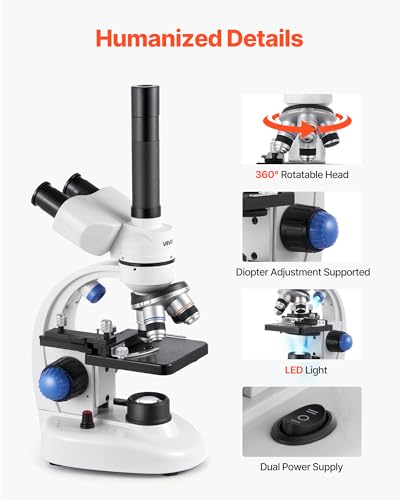 VEVOR Trinocular Microscope, 40-5000X Magnification, Professional Compound Microscope for Adult with Phone Adapter, LED Light, Aluminum Alloy Body, for Lab, School, Home, Education - style: B