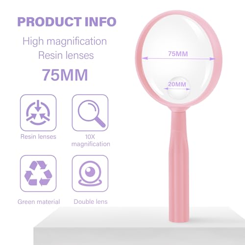 Lakei 10X Handheld Reading Magnifier Glass, Non-Slip Handle,75mm(Pink) - color: Pink, size: 75mm