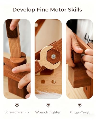 Kids Tool Set | Wooden Toy Building Blocks with Construction Tool Kit | Wood Blocks Nuts Bolts Hammer Screwdriver in a Box (32 pcs) for Boys & Girls