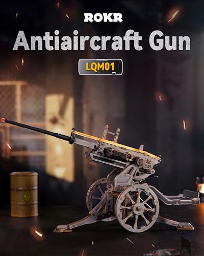 ROKR Anti-Aircraft Gun Mechanical Model Gun Kit, 3D Wooden Puzzles for Adults, DIY Rubber Band Guns Toy, DIY Building Model Kits