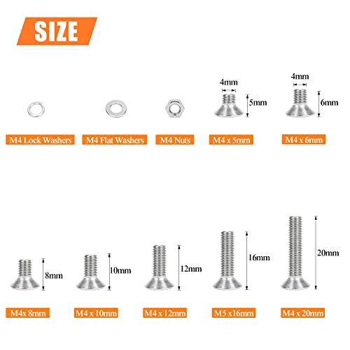 HELIFOUNER 380 Pieces M4 x 5mm /6mm /8mm /10mm /12mm /16mm /20mm, Phillips Countersunk Head Machine Screws, Metric Screws Bolts Washers Nuts Kit, 304 Stainless Steel - size: M4, style: Phillips Countersunk Head