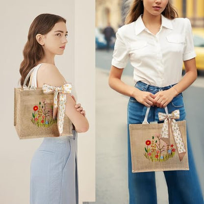 SNAIL GARDEN Linen Tote Bag DIY Embroidery Kit for Beginners with Scarf, Printed Cross Stitch Craft Kit with Thread, Needle & Guide – Reusable Grocery Bag for Women