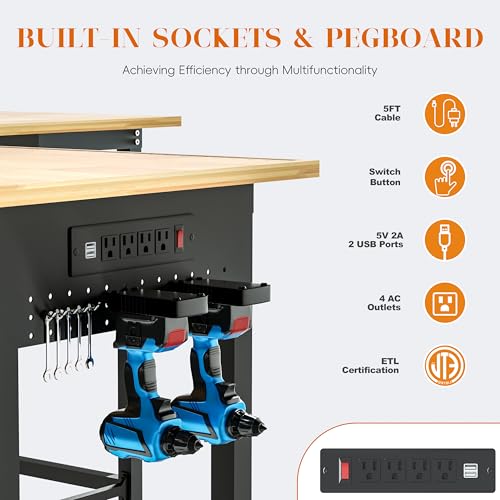 Betterhood 48"/60" Heavy-Duty Adjustable Workbench for Garage, Rubber Wood Shop Table,Hardwood Workstation Weight Capacity Over 1500 Lbs (Rubber Pad/Power Outlets/Ruler/63 x21.7 x35.8) - size: Rubber Pad/Power Outlets/Ruler/63"x21.7"x35.8"