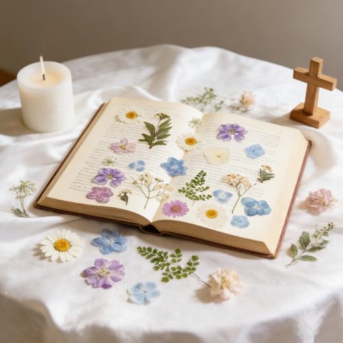 Dried Pressed Flowers Real Pressed Flowers Natural Dry Leaves Bulk Mixed Colorful Herbs Kit with Tweezers for Scrapbooking DIY Candle Jewelry Crafts Making Nails (White, Purple, Blue) - color: White, Purple, Blue