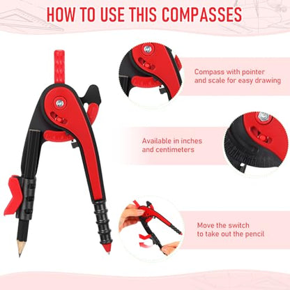 Eboot Student Geometry Math Set, Drawing Compass and 6 in, Red - color: Red