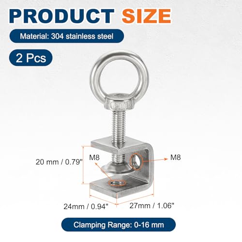 HARFINGTON 2 Pcs 304 Stainless Steel C Clamps 20mm Square Mini Tiger Clamp Adjustable Heavy Duty Metal U Clip with Eye Hook Screw for Woodworking Welding Mounting, Silver - size: 20mm